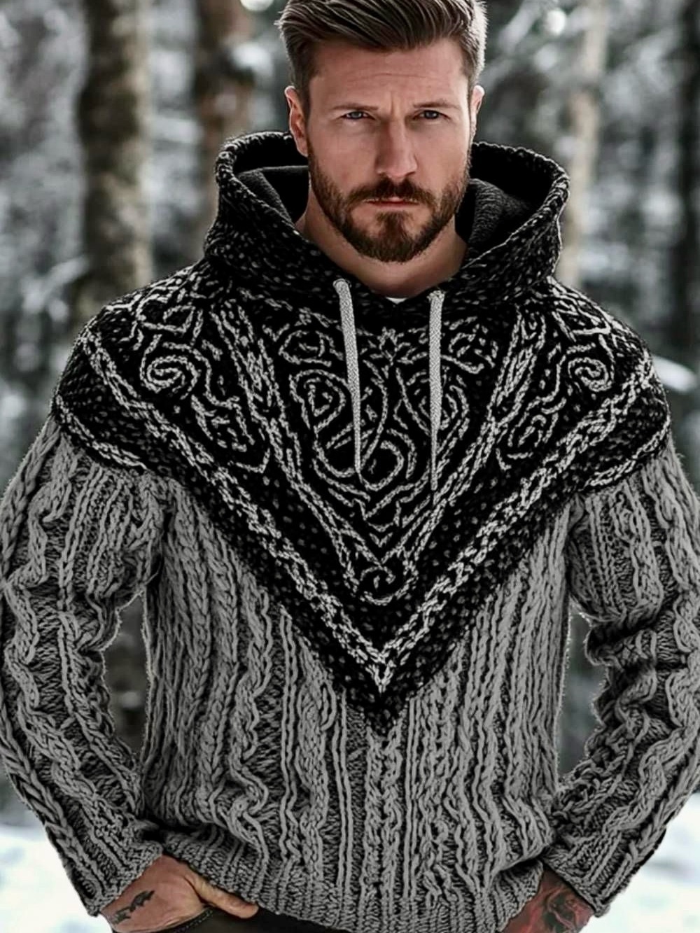 Men’s Wolf Viking Style Dark tribal Celtic-printed Yoke Hoodie (XXL)